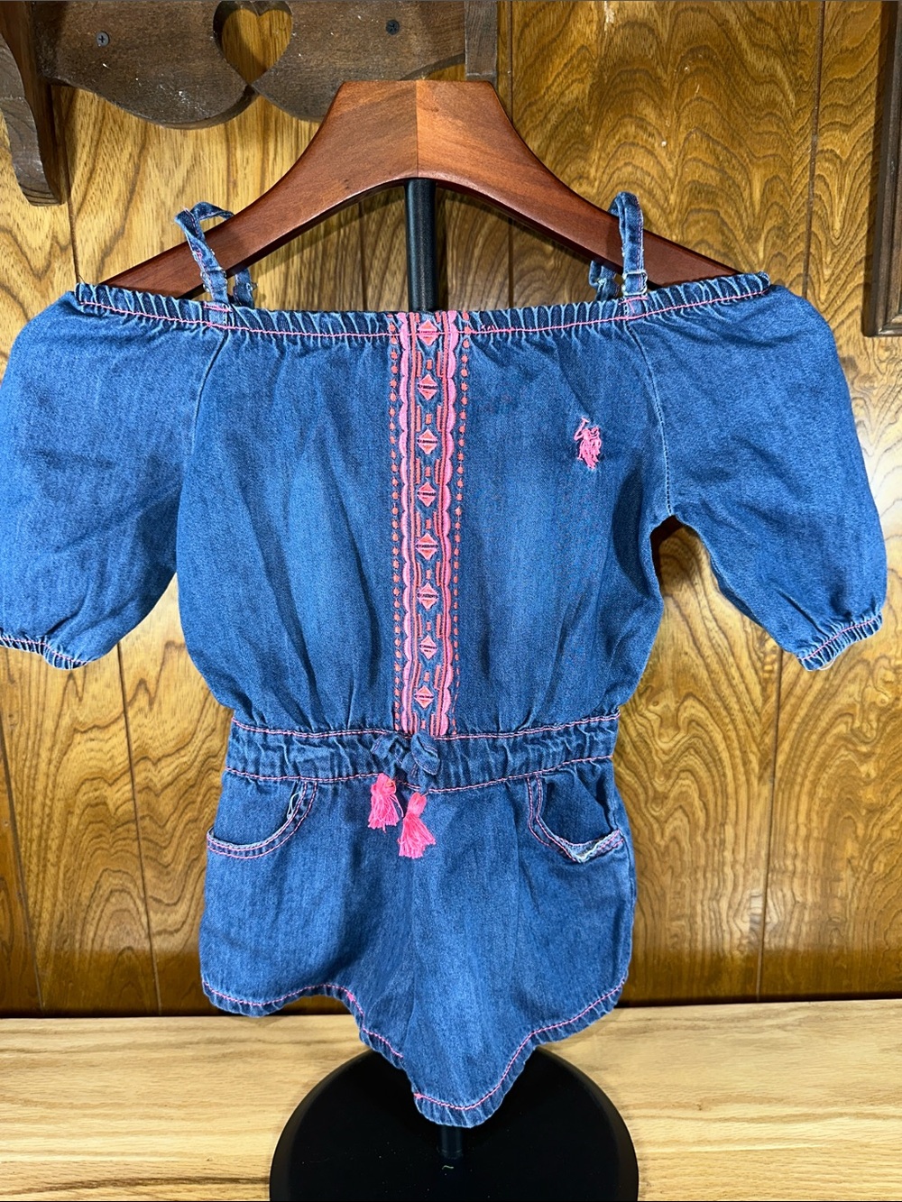 🎉U.S. Polo Assn. Denim Off-Shoulder Romper with Pink Embroidery. D408